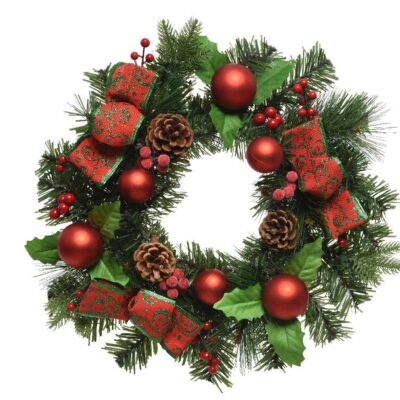 wreath red balls ribbons pine cones